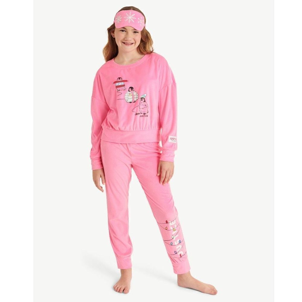 NWT Justice 3 Pcs Pink XL (16-18) Long Sleeve Top, Jogger & Eyemask, Pajama Set